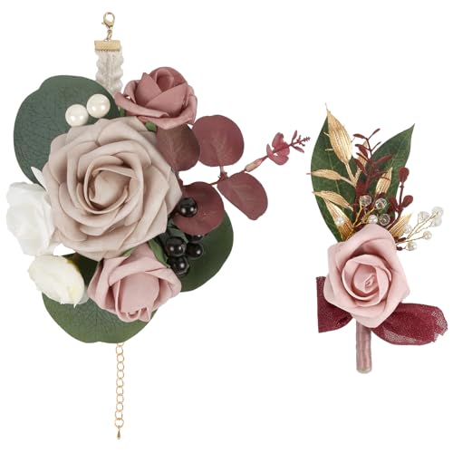 2Pcs Wedding Corsage and Boutonniere Set Dusty Pink Rose Corsage Wristlet and Boutonniere for Men Women Groom Bride Bridesmaid Groomsmen Wedding Party Accessory Prom Decoration (Dusty Pink) - color: Dusty Pink