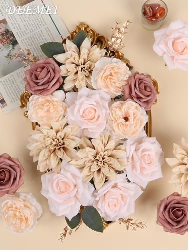 Artificial Flowers Combo Box Set Fall Fake Flowers Silk Mix Roses Peonies with Stems for DIY Bridal Wedding Decor Bouquets Centerpieces Baby Shower Party Home Decorations 21pcs - color: Champagne