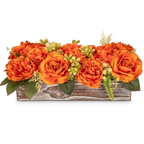 DILATATA Flower Arrangement with Wooden Vase 14" Artificial Flowers in Pot - Fake Flowers Roses Peonies Hydrangeas in Wooden Vase Potted Flower Centerpieces for Table Decor Living Room - Burnt Orange - color: 14"l Burnt Orange
