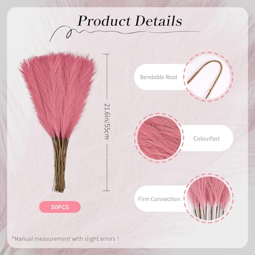 50pcs Pink Pampas Grass 21.6 Inch Non-Shedding Faux Pampas for Classic Romantic Home, Boho Weddings and Blush Tone Vase Arrangements - color: Pink