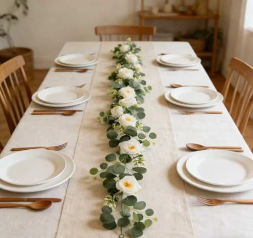 Greenery Garland with White Roses 2Pack: 5.9Ft Artificial Vines Hanging Eucalyptus Leaves for Wedding Arch Swag Backdrop Doorways Table Runner - size: 2pack-Rose