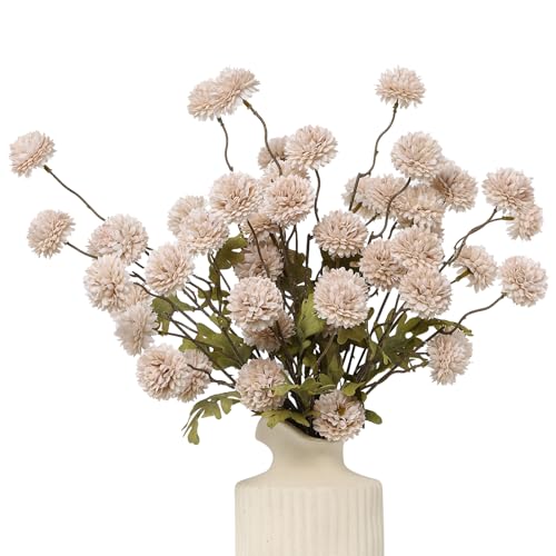 DuHouse 6pcs Artificial Flowers Faux Silk Pompon Mum,Silk Small Mini Chrysanthemum Ball with Stems for Wedding DIY Champagne Arrangements Bouquets Centerpieces Home Decorations(Beige) - color: Beige, size: 6pcs