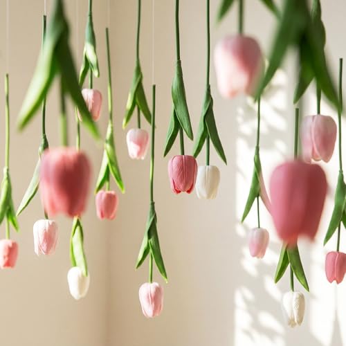 12 Pack 3 Colors 5 ft Artificial Tulips Hanging Flower Garland Decorations Spring Summer Dangling Faux Tulip Floral Vine Strings with Hooks for Wall Ceiling Wedding Tea Party - color: Multi Color