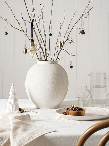 White Ceramic Vase - Large 10.8 Inch Round Floor Vase for Centerpieces, Farmhouse Flower Vases, Rustic Minimalist Home Decor (Sandstone White) - color: Sandstone White, size: 10.8 Inch