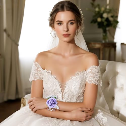 2Pcs Purple Rose Corsage and Men Boutonniere Set Women Wristlet Band Wrist Bracelets, for Prom Wedding Ceremony Flowers Decorations and Homecoming Party Accessories - color: Purple, size: 1 Boutonniere & 1 Wrist Corsage