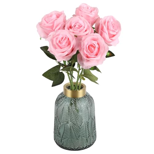 IPOPU 6PCS Pink Silk Lop-Sided Rose Artificial Flower with Long Stem Fake Leaf Roses, Artificial Long Stem Fake Roses Suitable for DIY Wedding, Home Decoration and Outdoor Party. - color: Pink