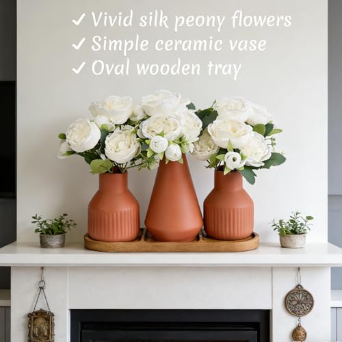 Flower Table Centerpiece - Dining Table Centerpiece Decor Set of 3 Fake Peonies in Ceramic Vases & Wood Tray Modern for Kitchen Island Living Room Coffee Table Home Decor (White) - color: White