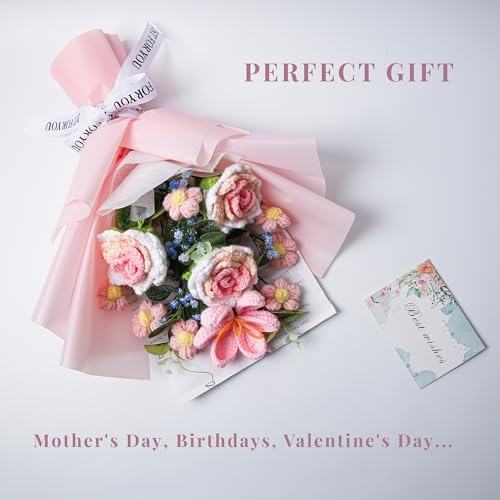 Crochet Flower Bouquet, Handmade Knitted Rose Faux Crochet Flowers for Home Decor Valentine’s Day Anniversary Weddings Birthdays Mother’s Day, Includes Gift Bag and Greeting Card (Rose) - color: Light Pink