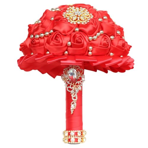 Red Bridal Wedding Bouquet Luxury Gold Rhinestone Brooch Bouquet for Bride Bridesmaid Quinceanera Satin Red Rose Artificial Flower Bouquet Wedding Red 9.5in - color: Red, size: Diameter: 9.5 inches