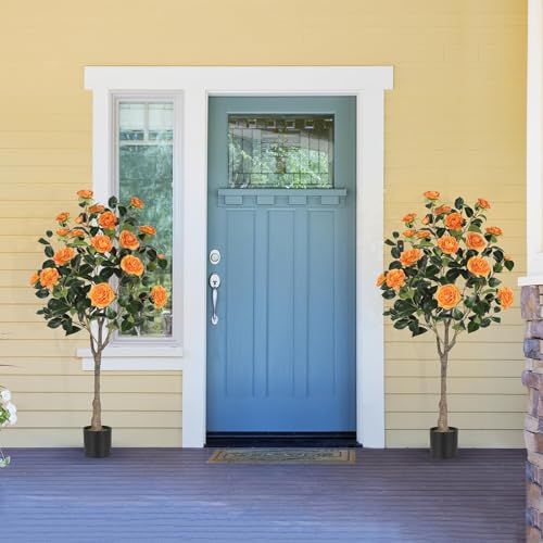 4FT Artificial Camellia Tree with Blooming Orange Flowers, Free Maintencace 4 FT Fake Tree, Faux Plants with Blooming Flowers, for Indoor Outdoor Home Office Front Door Decor