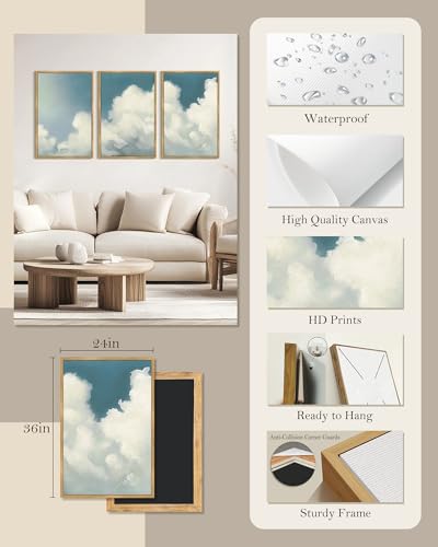 SHENIFY Vintage Framed Wall Art Cloud in Sky Landscape Scenery Rustic Home Decor Retro Decorations for Farmhouse Hallway Bedroom Ready to Hang Wall Artwork - 24x36in3pcs Natural Framed - color: Natural, size: 36L" x 24W" x 3PCS