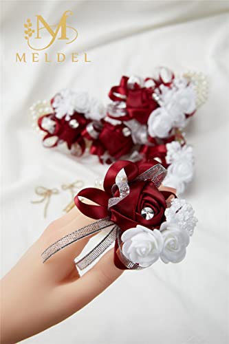 6pcs Burgundy Wedding Corsages Faux Silk Wine Red Rose for Women | for Wedding, Prom, Homecoming, and Evening Party, Wrist Corsages with Pearls for Brides, Bridesmaids, Mother of the Bride - color: 6pcs Wine Red Wrist Corsages