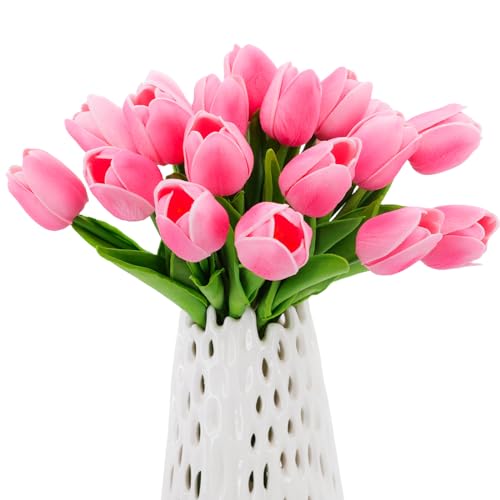 30pcs Real Touch Tulips PU Artificial Flowers, Fake Tulips Flowers for Arrangement Wedding Party Easter Spring Home Dining Room Office Decoration. (Pink, 14" Tall) - color: Pink