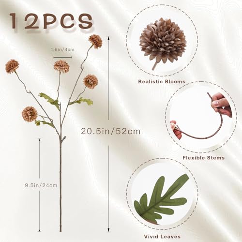 12Pcs Fake Kiku Flowers, Artificial Small Chrysanthemum Balls with Stems, Faux Silk Mini Pompon Mums for Vase Floral Arrangement DIY Bouquets Wedding Party Table Centerpieces Home Decor (No Vase) - color: Light Coffee