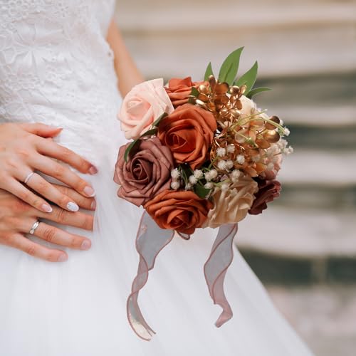 LEIFENY Wedding Bouquets for Bride, Pink & Champagne Bridal Bridesmaid Flower with Silk Ribbon, Artificial Toss Rose for Civil Ceremony - color: Pink & Champagen White