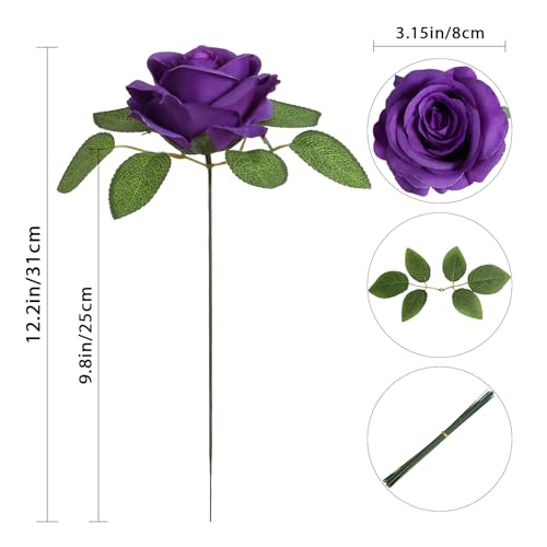 20pcs Purple Roses Artificial Flowers Fake Roses Real Looking Silk Flowers Bulk Big Faux Roses with Stems for Wedding Centerpieces Table Home Party Decor Bridal Floral Arrangements (Purple) - color: Purple