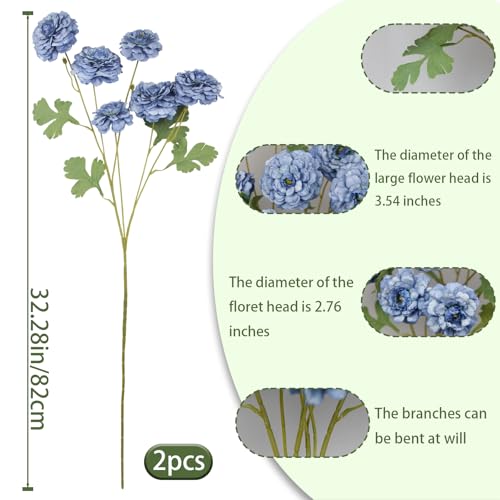 2 Pcs Artificial Flowers Spring Summer Blue Zinnia Silk Flowers with Long Stems Zinnia Elegans Artificial Flowers for Outdoors Floral Arrangements Table Centerpieces Wedding Party Home Decor - color: Dark Blue