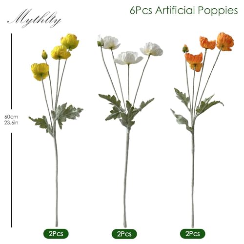 Set of 6 Multicolour Artificial Poppy Flowers, Silk Flowers with Stems for Vase Arrange for Wedding Party Home Office Indoor Kitchen Dining Table Centerpiece Decoration (White Yellow Orange) - color: White Yellow Orange