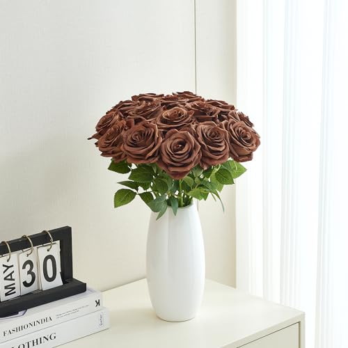 15pcs Fake Roses Artificial Silk Flowers Faux Rose Flower Long Stems Bouquet for Arrangement Wedding Centerpiece Party Home Kitchen Decor - color: 15pcs Chocolate