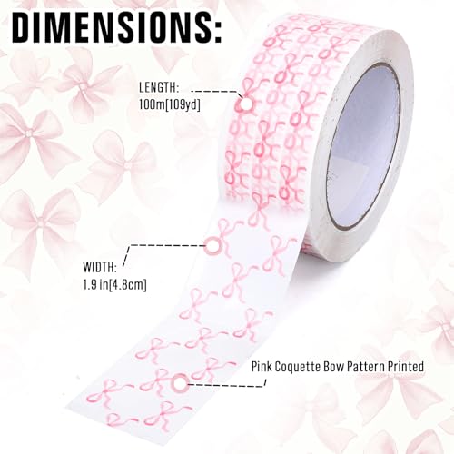 Whaline 109 Yard Pink Bow Packing Tapes Coquette Bowknot Decorative Gift Wrapping Tape for Small Business DIY Crafts Box Carton Decor - style: Pink Bow