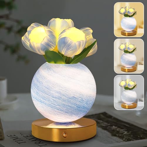 Tulip Table Lamp, Rechargeable Cordless Touch Dimming Artificial Tulip Flower Desk Lamp, LED Flower Bedside Night Light Romantic Gifts for Girl Women Mom (Blue Tulip) - color: Blue Tulip