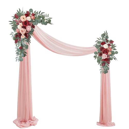 Artificial Wedding Arch Flowers Kit(Pack of 3),2Pcs Artificial Flower Arch Decor,1Pcs Sheer Drape for Wedding Ceremony Arbor for WeddingCeremony (Cream red) - color: Cream Red