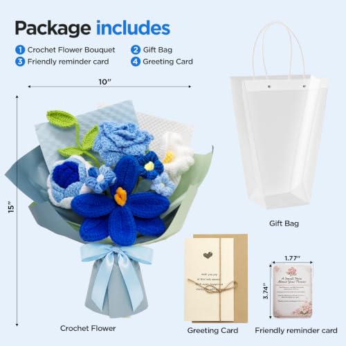 Crochet Flower Bouquet, Blue Handmade Knitted Flowers, Crochet Tulip Flowers with Card Gift for Lover Boyfriend Friends Valentines Day Anniversary Birthday Father's Day Graduation Wedding Home Decor - color: Blue Flowers