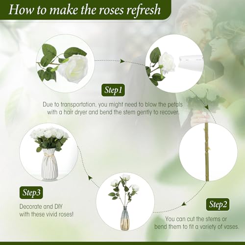 Hotop 40 Pcs Rose Artificial Flowers Bulk with Long Stem,Realistic Silk Fake Roses Bouquet for Home Wedding Centerpieces Party Table Decoration Valentines Gifts(White) - color: White