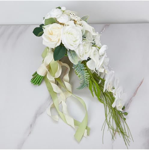 9.5 Inch White Cascade Bridal Bouquet for Bride with Artificial Rose Phalaenopsis Flower and Pearls Cascading Bridal Bride Wedding Bouquet Flower Wedding White and Champagne - color: White & Champagne
