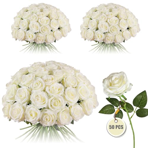 50PCS Artificial Silk Roses Flowers – Realistic Fake Roses in Bulk & Bouquet Long Stem White Rose for Wedding Centerpieces, Home Decor, Floral Arrangements, Party Decoration (White) - color: White, size: 50 Pcs