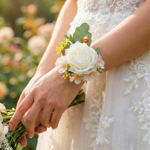 Rose Wrist Corsage Flower Prom Corsage Wristlet for Women and Girls (White) - color: White