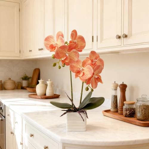 Artificial Orchids for Home Decor Indoor with Vase Orchids Artificial Flowers Orange Orchid Height 14 Inches - color: Orange