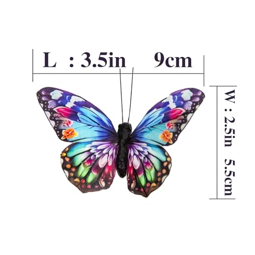 Cartanfill-Decorative 3D Butterfly Ornaments, Multicolor Feather Design, Set of 12 with Wire, Party and Christmas Tree Decor - color: E Wire