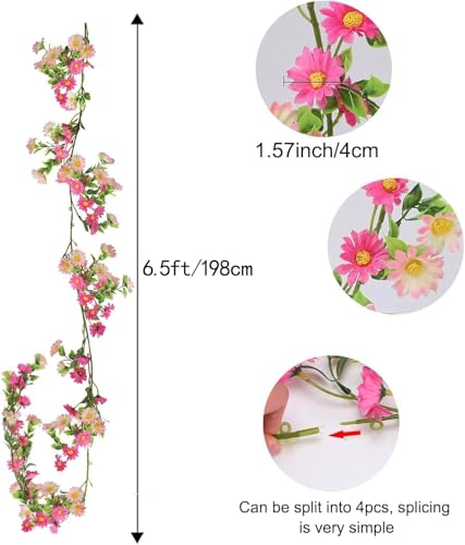 6.5ft Silk Flower Garland Pink Wildflower & Artificial Daisy Vine with 88 Blooms – Realistic Summer Floral Hanging Vines for Wedding Arch, Baby Shower, Party Backdrop, and Home Wall Decor - color: Pink, size: 1pcs