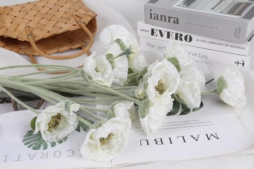 6PCS White Poppy Artificial Flowers 30 Heads Faux Poppy Flowers 26.77in Silk Flowers with Long Flocking Stems for Wedding Party Home Office Decoration(White) - color: White