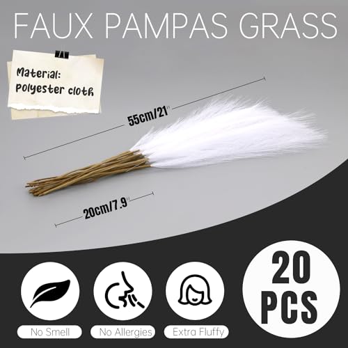 Faux Pampas Grass Decor ， 21.7 Inch Artificial Pampas Grass White Reed Grass, Vase Filler for Home Decor, Room, Bathroom, Wedding, Table Centerpiece - 20PCS - color: White