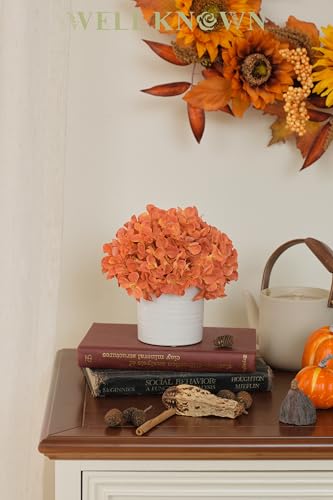 Artificial Hydrangea Flowers in Vase, Fake Flowers with White Ceramic Vase Small Faux Pot Floral Arrangement for Home Desktop plant Kitchen Bathroom Coffee Table Centerpiece Decor (Burnt Orange) - color: Hydrangea, Burnt Orange