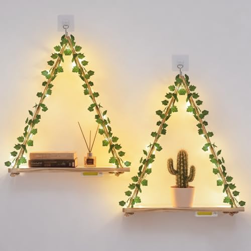 RICHER HOUSE Macrame Floating Shelves for Wall No Drilling, Boho Hanging Shelf with Artificial Ivy and LED Lights, Plant Wall Decor for Living Room Bedroom Dorm - color: Ivya*2
