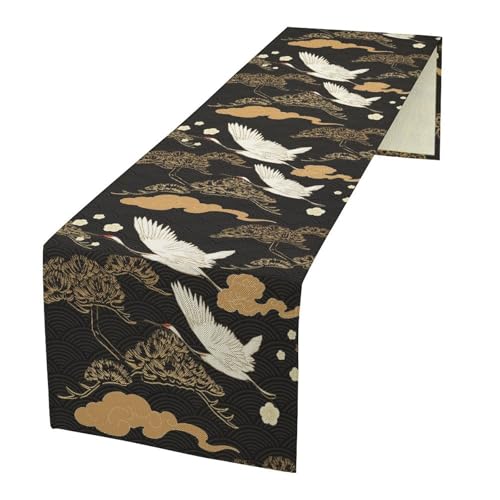 Crane Table Runner, Vintage Luxury Black Golden Asian Japanese Abstract Bird Cloud Tree Table Runner for Kitchen Outdoor Dining Banquet Party 13x36in - color: Crane-1, size: 13x36in