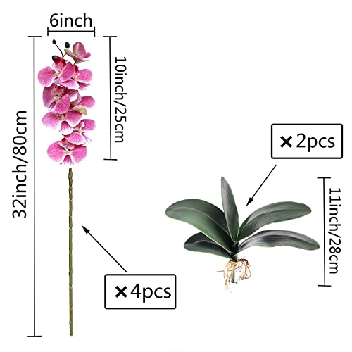 FagusHome 32" Artificial Phalaenopsis Orchid Flowers 4 Pcs with 2 Bundles Leaves Stem Plants Fake Butterfly Flowers for Home Wedding Party Decor (Pink) - color: Pink