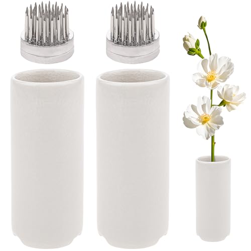 Folmywy 2 Pack Ceramic Ikebana Vase Kit Flower Frog White Small Vases Flower Stem Holder with 0.91 Inch Kenzan for Valentine's Day Dining Table Restaurant Dresser Bookshelf Home - color: 2 Pack