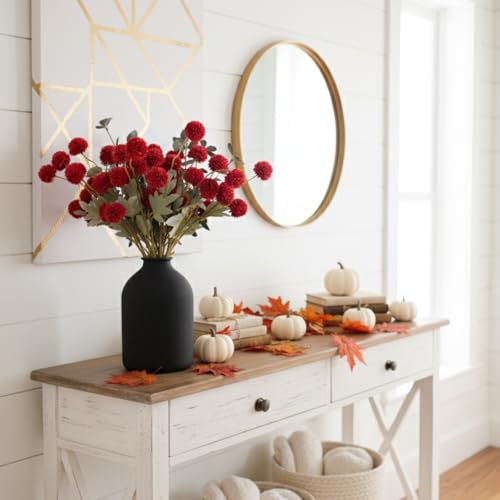 RyddeligHome Faux Red Flowers Artificial 10 Long Stems + Eucalyptus, Burgundy Wine Colored Silk Mum Flowers for Decor, Fall Table Centerpieces, Dark Red Faux Mums - color: Burgundy