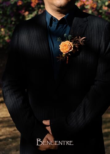 Burnt Orange&Teal Boutonniere for Men,Prom boutonnieres,Groom and Groomsmen Boutonniere for Ceremony Anniversary, Fall Wedding Decorations,Formal Dinner Party and Grad Night (Set of 6) - color: Burnt Orange&teal, size: set of 6