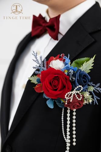 TINGE TIME Boutonniere for Men Wedding,Groom and Best Man Boutonniere for Wedding, Prom, Homecoming, Anniversary, Graduation, Christmas Dinner (1, Red & Navy Blue) - color: Red&navyblue