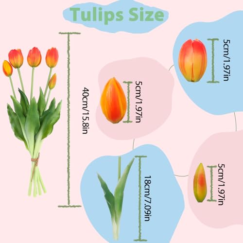 15 Pcs Orange Artificial Tulips Fake Flowers, Premium Latex Lifelike Texture, UV Resistant Waterproof Faux Tulip Bouquets with Snap-on Petals for Outdoor, Home, Wedding Decor - color: Orange