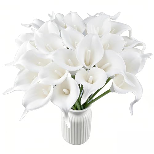 Calla Lily Bridal Wedding Festival Decor Bouquet Real Touch Latex Flower Bouquet Pack of 20 (White) - color: Pure White