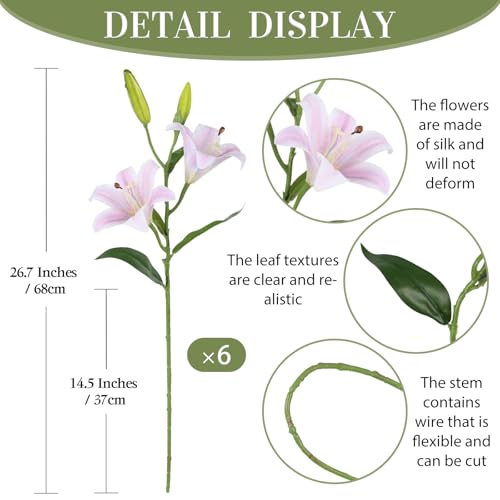 Artificial Lilies 6PCS 26.7" Silk Lily Flowers with 12 Heads Fully Bloomed Lilies and 18 Buds, Long Stem Faux Lilies for Home Party Wedding Easter Decor(Light Purple) - color: Light Purple