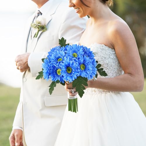 IPOPU 2 Bundles Artificial Gerbera Daisy Flowers 14 Heads Blue Fake Daisy with Stems Faux Silk Daisy Flowers for Wedding Bridal Bouquet Party Floral Arrangements Table Centerpiece Decor (Blue) - color: Blue