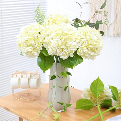 Nubry 4Pcs Beige Hydrangea Artificial Flowers, 22.5In Latex Faux Real Touch Large Hydrangea Flowers with Long Stems & Leaves for Home Office Decor Wedding Party Arrangements(Beige) - color: Beige, size: 4 Pcs