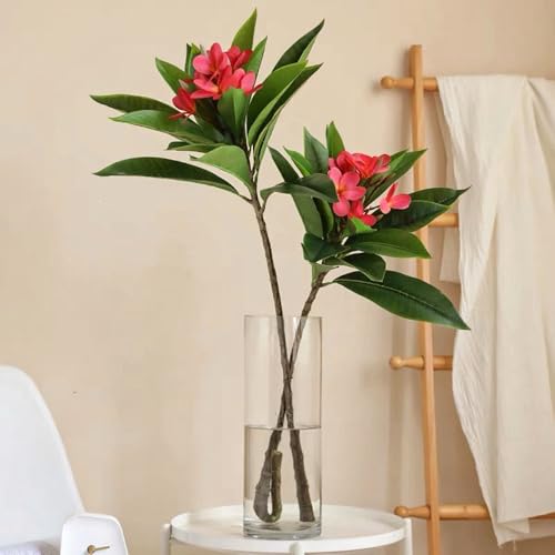 XIYUAN 35.5 Inch Artificial Flowers Artificial Frangipani Flower 2 Stems Lifelike Real Touch Artificial Plumeria Flowers for Home Party Wedding Bouquet Home Decoration (Red) - color: Red